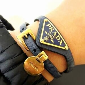 Prada Navy Blue Triangle Logo Leather Choker / Bracelet